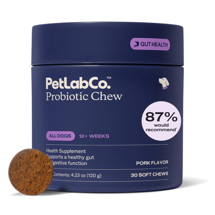 PetLab Co. Probiootikumid koertele, soolestiku tervise toetamine, juhuslik kõhulahtisus, seedetrakti tervis ja hooajalised allergiad - sealiha maitse - 30 pehmet närimist - pakend võib varieeruda