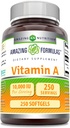 Amazing valemid Vitamiin A 10000 IU täiendus | retinüülpalmitaadina | 3000 Mcg | Softgels | Non-GMO | Gluteenivaba | Valmistatud USAs (1 Pack, 250 Count)