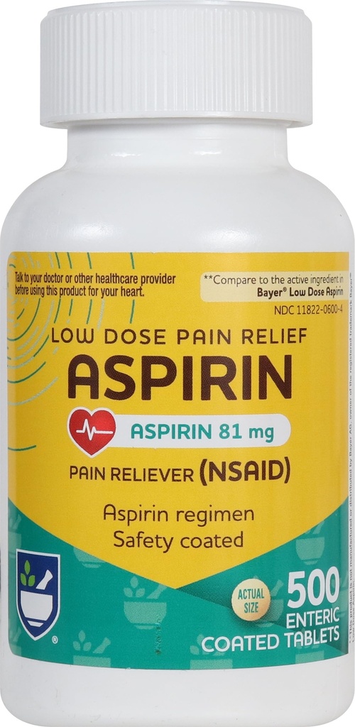 Rite Aid Aspiriin Enterilised tabletid - 81 mg Aspiriin - 500 loend - Väike annus peavalu leevendamiseks - Ohutuskattega - Aspiriini regimen - Migreeniravim - Valu leevendamine