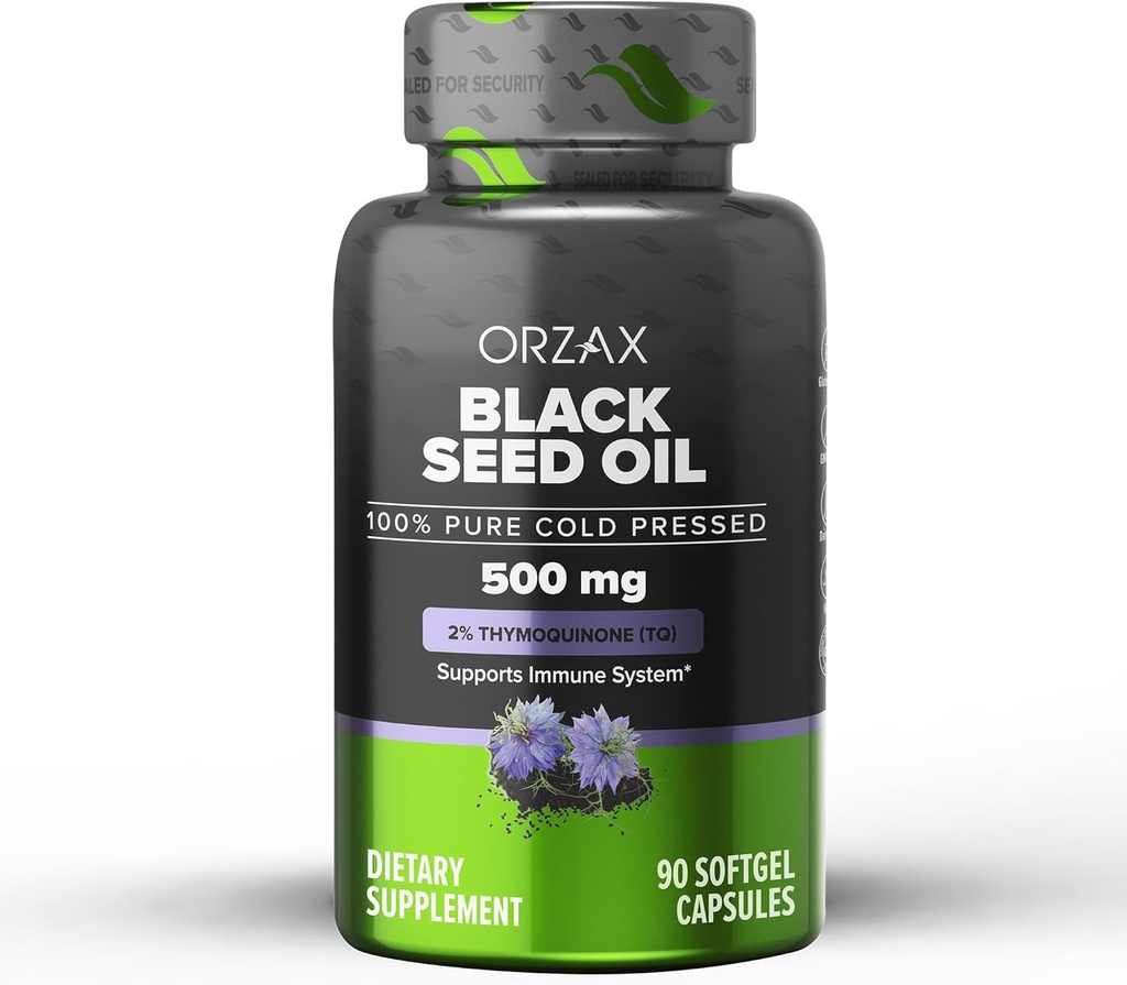 ORZAX Black Seed Oil Cold Pressed 100% Pure | Non-GMO - Rich Omega 3 6 9 & Thymoquinone | Black Cumin Nigella Sativa Oil for Immune Support, Hair, Skin, Face (500 mg - 90 Softgel kapslid)