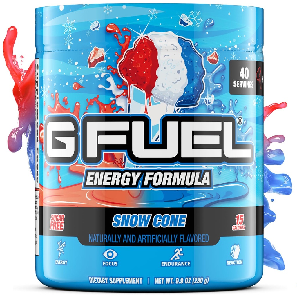 G Fuel Snow Cone energiajoogi pulber, Pre Workout Kofeiinisegu hasartmängudeks, Sugar Free Focus Amino, Vitamiin + Antioksüdandid, 9,9oz (Lumekoonus, 40 Servings)
