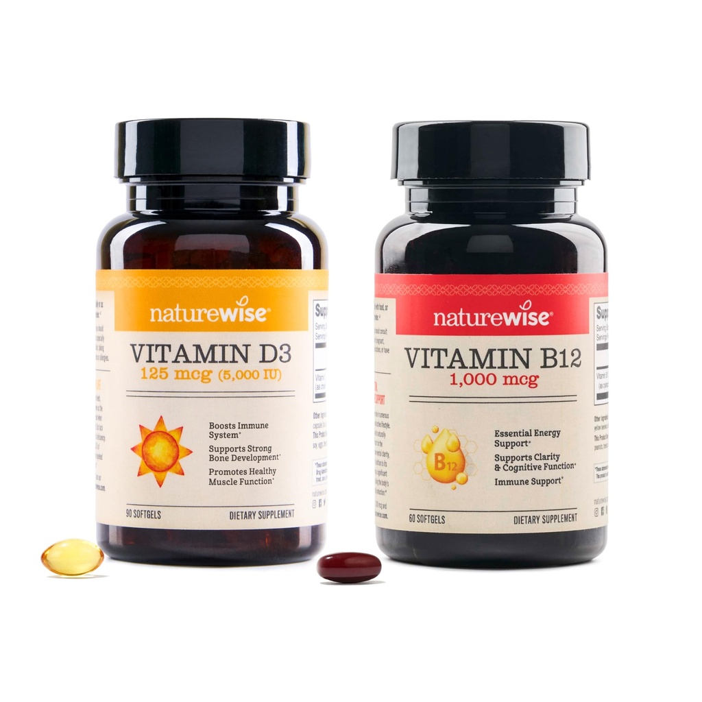 NatureWise Vitamiin D3 5000iu, B12 1000mcg Vaimne selgus Energiatoetus Immuuntervise Mitte-GMO Gluteenivaba Oliiviõli Softgels