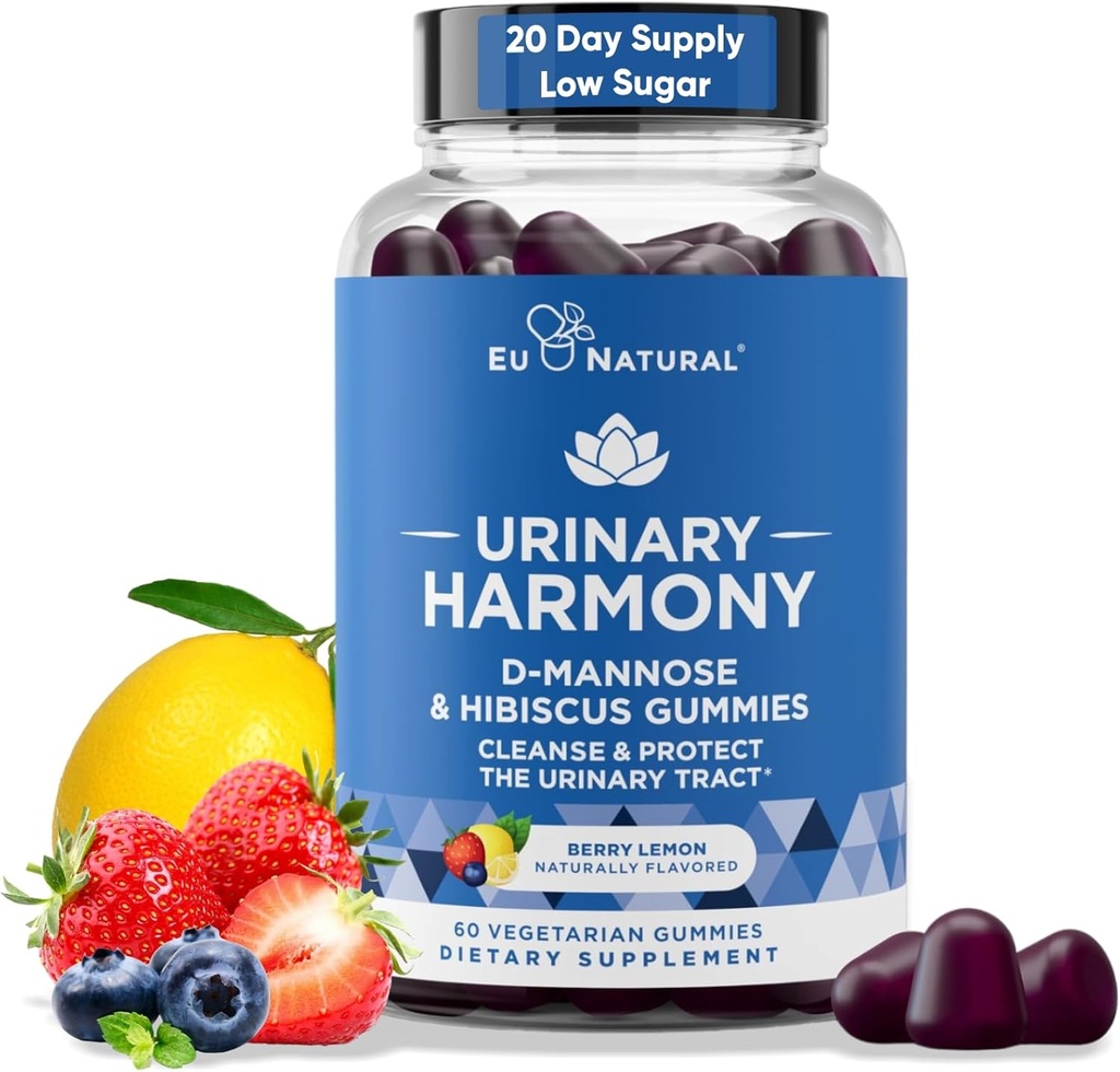 Uriini Harmoon D Mannoosikummid kuseteede terviseks - D-Mannose & Hibiscus puhastab, loputab ja kaitseb kuseteede süsteemi - tugev valem, ravimivaba - 60 Berry Sidrun Flavor Gummies, 20 päeva pakkumine