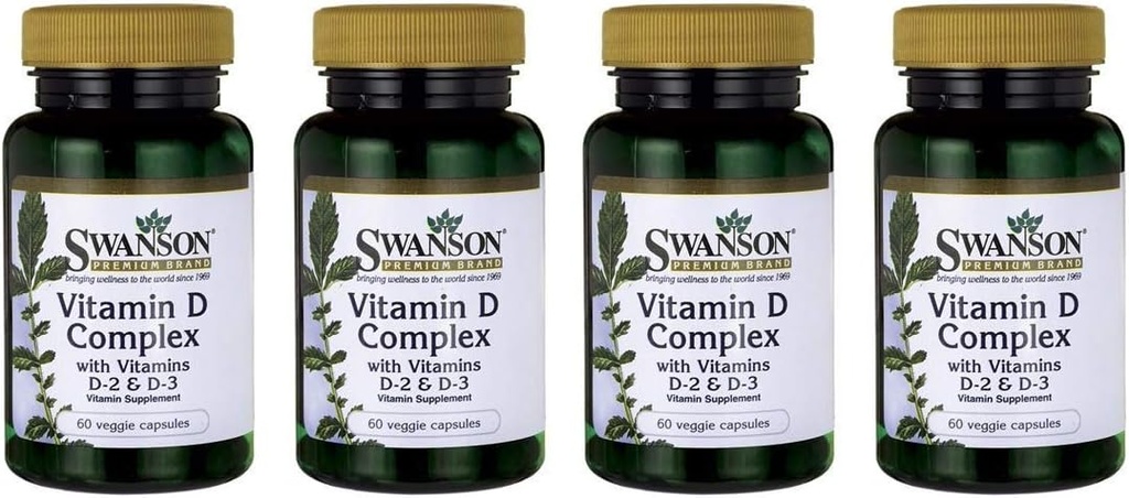 Swanson D-vitamiini kompleks vitamiinidega D2 & D3 - täielik päikesepaiste vitamiini kompleks luudele, hammastele ja immuunsüsteemile Tervis - vitamiinilisand ( 50 mikrogrammi, 60 köögiviljakapslit ) 4 pakendit