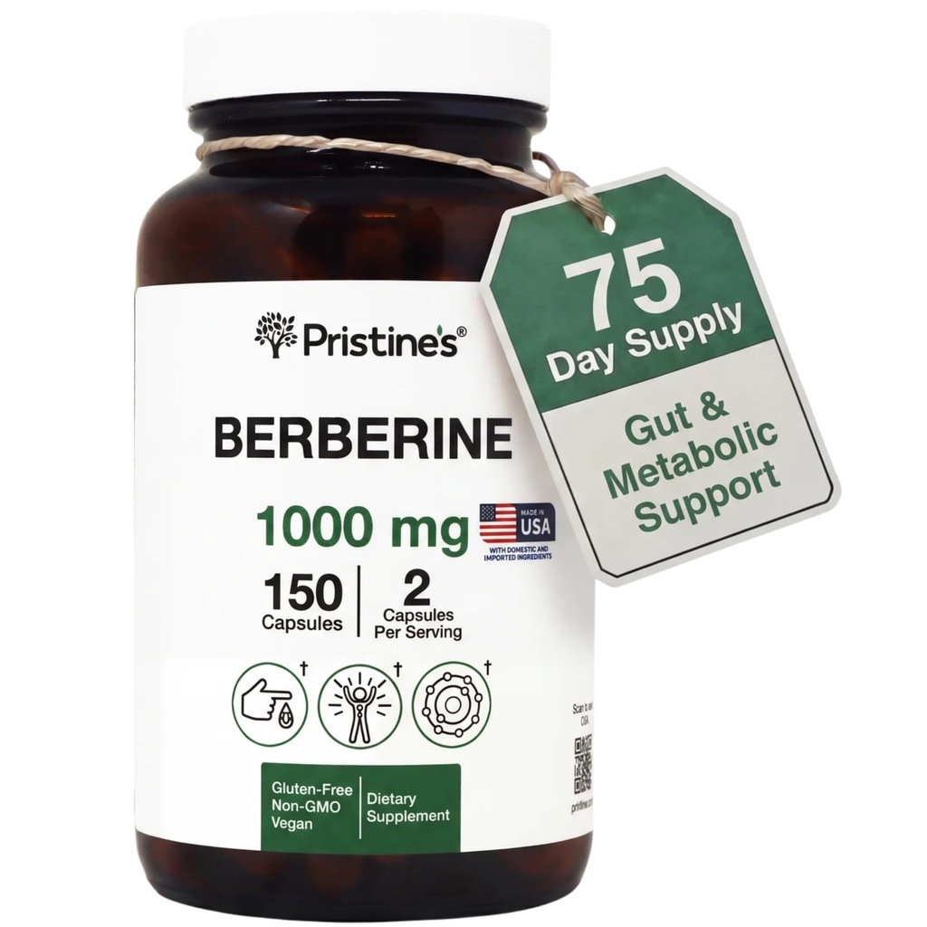 PRISTINE's Berberine 1000 MG toidulisandi kapslid - 75-päevane pakkumine 150 kapslit - süda, & immuunsus Tervishoid Antioksüdandi - seedetrakti ja tervisliku soolestiku Flora tugiklaasi pudel