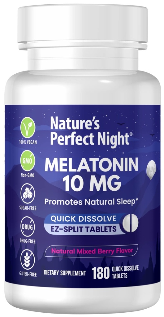 Looduse täiuslik öö | Melatoniin 10 mg | 180 Kiiresti lahustuvad tabletid | Looduslik segatud marjamaitse | Suure tugevusega | Suhkruvaba | Vegan | Gluteenivaba | Väärtuse suurus