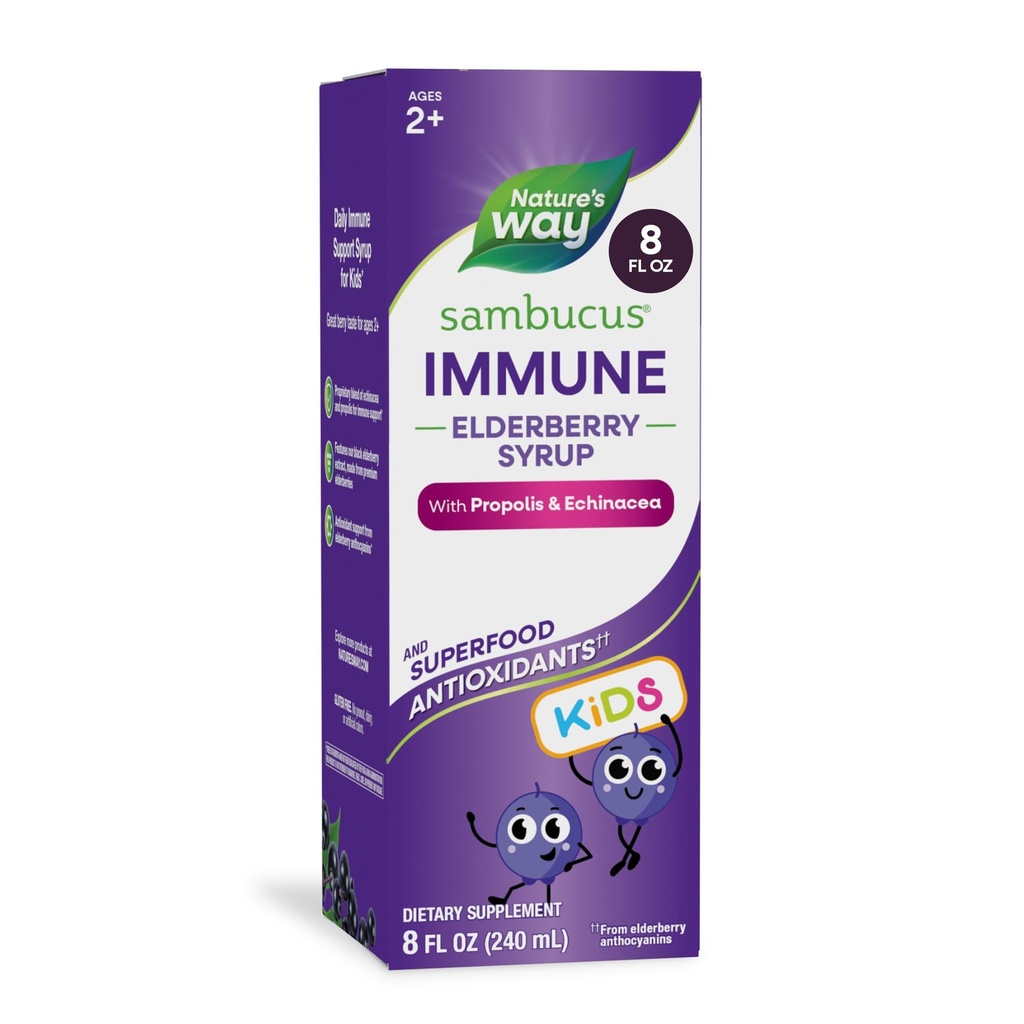 Nature's Way Sambucus Elderberry Immune Syrup lastele vanuses 2+, Echinacea & Propolis, Immune Support Syrup *, Taimetoitlane, Berry Maitsestatud, 8 Fl Oz