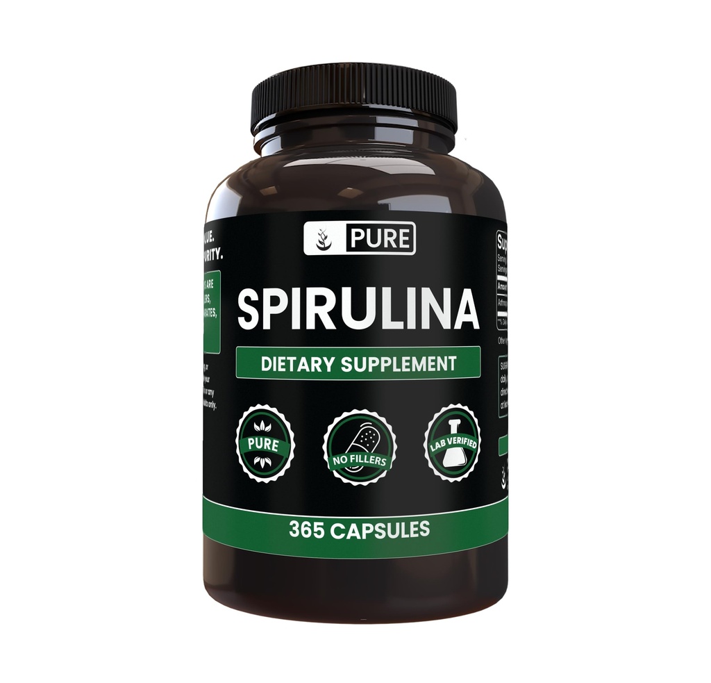 Puhas originaalkoostisosad Spirulina (365 kapslit) Ei magneesiumi ega riisi täiteaineid, Alati Puhas, Lab Kinnitatud