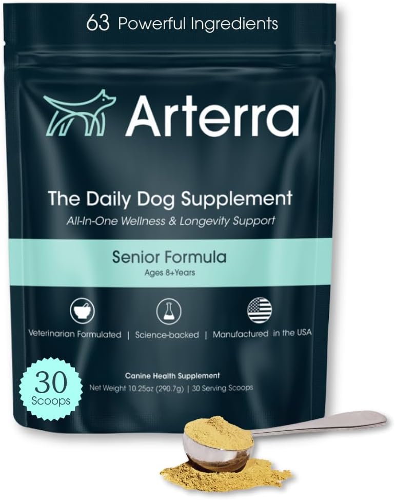 Senior Dog Powder Supplement & Food Topper - 63 koostisosa liigese, soolestiku, immuunsuse ja aju tervise jaoks - igapäevane pikaealisuse multivitamiin koos glükoosamiini, probiootikumide ja kalaõliga | 30 Scoops