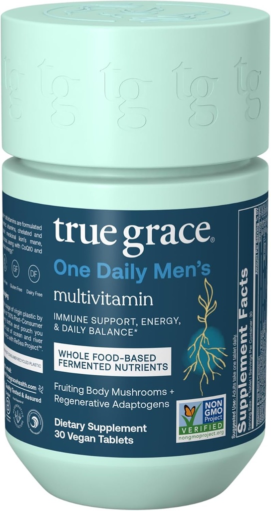 True Grace üks igapäevane meeste multivitamiini fermenteeritud mineraalid, orgaanilised adaptogeenid ja seened kogu keha tasakaalu immuunsus, vastupidavus, luu ja südame tugi - mitte-GMO, gluteenivaba - 30 vegan tablett