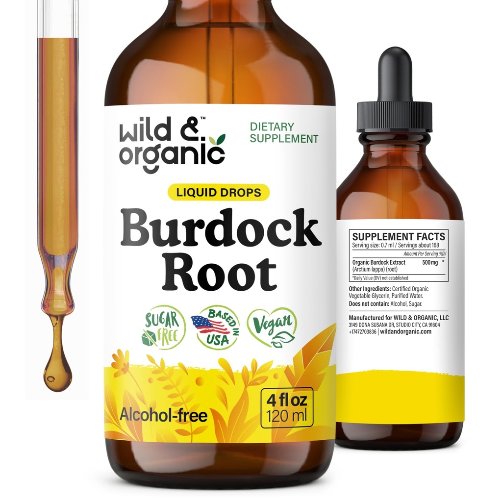 Wild & Organic Burdock Juur Tinktuura - Vedelik täiendus antioksüdant, Detox, Seedetrakti tugi - Burdock Juur maitsetaimetilgad - Vegan, suhkur ja alkoholivaba - 4 fl oz
