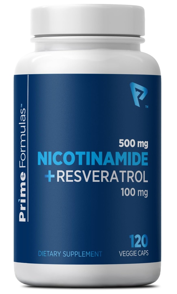Nikotiinamiid 500 mg koos Resveratrooliga 100 mg 120 Veggie kapslid - mitte-GMO-vitamiin B3, toetab ainevahetust, NAD+, naharakkude ja mitokondriaalse energia tootmist. Valmistatud USAs meestele ja naistele
