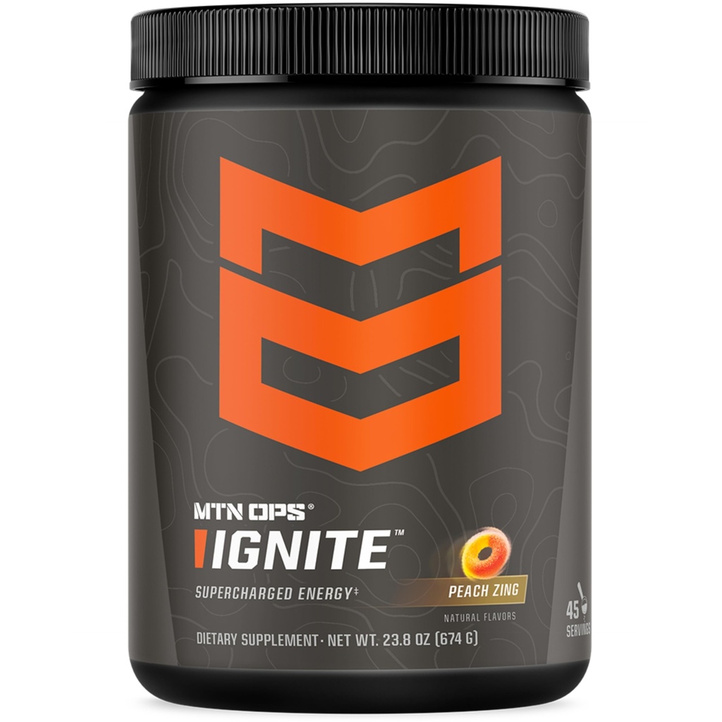 MTN OPS Ignite Energy Drink Powder, Gluten Free Nootropic Supplement Drink Mix, L Arginine, L Citrulline, Kofeiin ja Nootropic Sugar Free Drink Mix, 45 Servings, Peach Zing