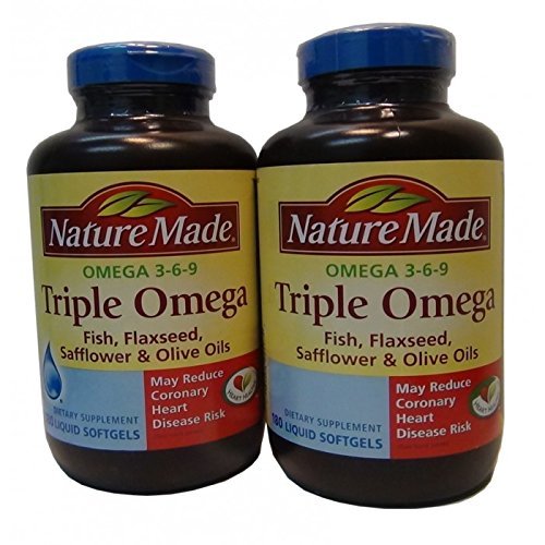 Nature Made Triple Omega 3 6 9 - kala, linaseemne, safloori ja oliiviõli - 2 pudelit, 180 softgels iga