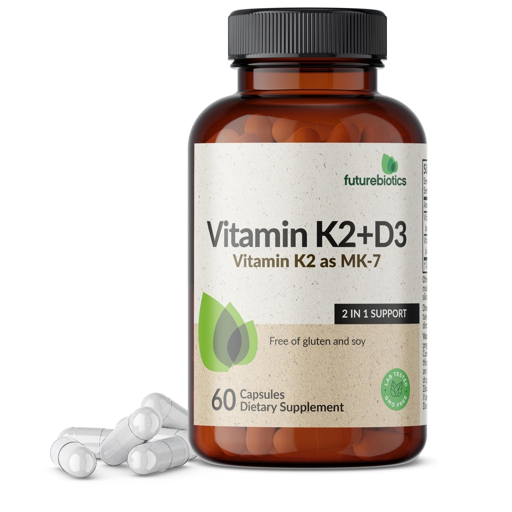 Futuuribiootikumid K2-vitamiin (MK7) koos D3-lisandiga - mitte-GMO valem - 5000 IU D3-vitamiin ja 90 mcg K2-vitamiin MK-7, 60 taimekapslit