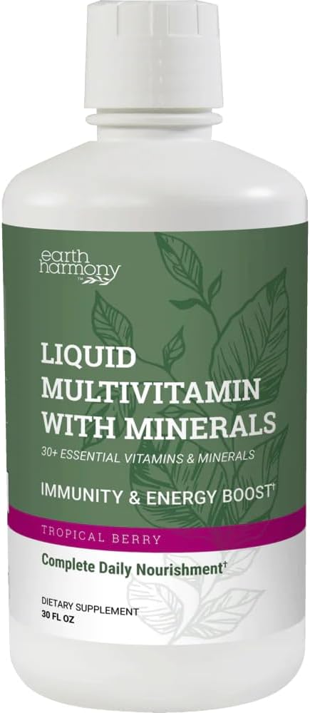 Earth Harmony Vedelad multivitamiinid naistele ja meestele (troopiline marjamaitse) - 30+ vedelad vitamiinid, mineraalid ja orgaanilised antioksüdandid segu - Hommikune multivitamiin immuunsuse toetamiseks ja energiaks - 32 Fl Oz