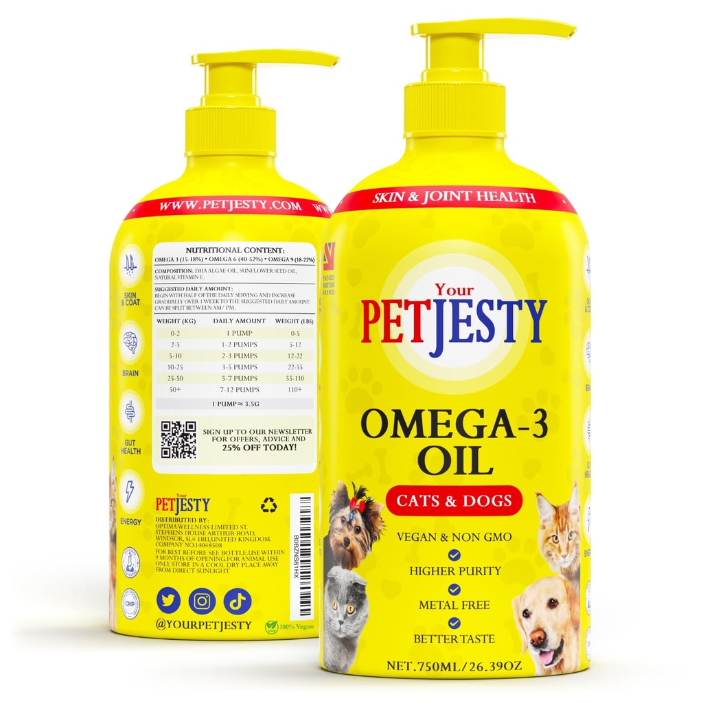 PetJesty Pure Omega 3 õli koertele ja kassidele 26.39oz - Omega 3 naha ja karva tugi - Vedel toidulisand lemmikloomadele - Vegani lemmikloom + DHA liigese funktsiooni, immuunsuse ja südame tervise, mitte kalaõli koer ja kass