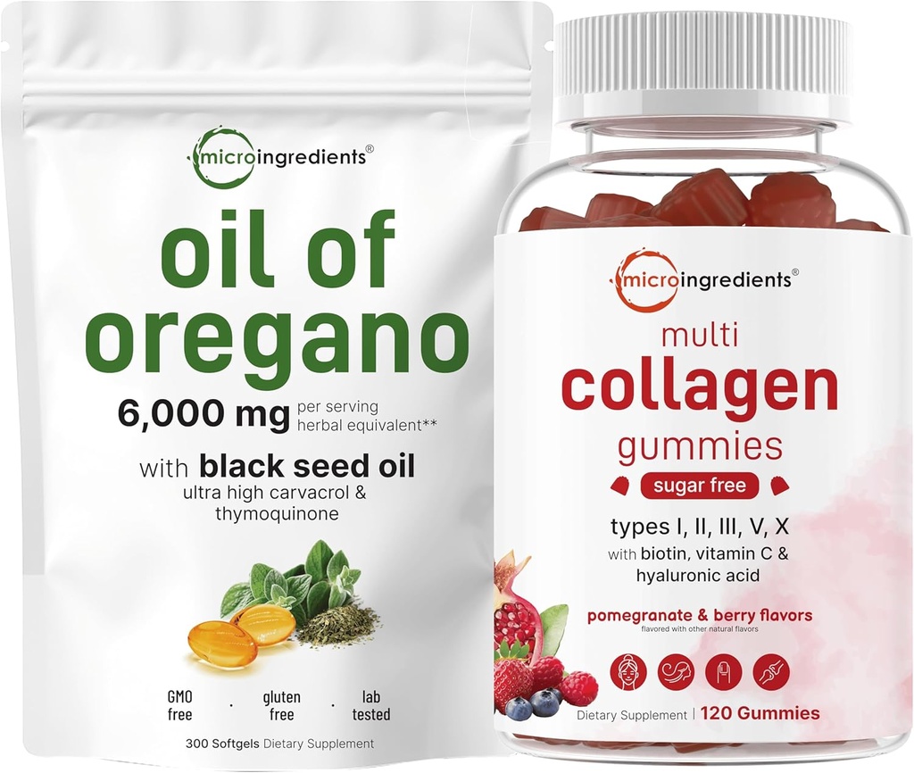 Mikrokoostisosad Oregano Pehmeelide õli 6000 mg Serving & Multi kollageenpeptiidid Gummies Komplekt | 4X Tugevuskarvakrool & Tümokinoon | Tüüp I, II, III, V, X valk