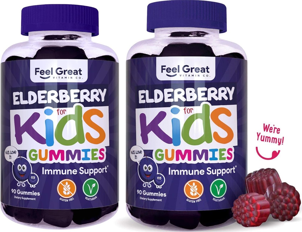 Feel Great Kids Elderberry Gummies koos tsingi ja C-vitamiiniga (2-Pack) | Immune Support Sambucus Elderberry | Berry Maitsestatud Vegan Multivitamiinid | 90 Count