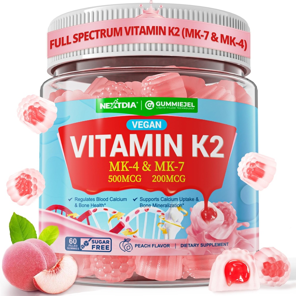 Vitamiin K2 Gummies MK-7 200 mcg & MK-4 500 mcg naistele ja meestele Suhkruvaba, täiuslik 2-IN-1 täisspektriga K2-vitamiini lisand luudele, südamele, soodustab kaltsiumi imendumist, aju, hambad, immuunsus, 1Pack