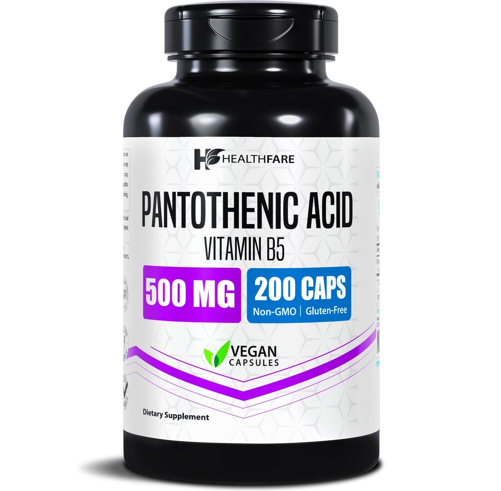 Tervishoid Pantoteenhape 500mg Vitamiin B5 täiendus | 200 Vegankapslid | Extra Tugevus Energia & Metabolism Toetus | Mitte-GMO, Gluteenivaba | Valmistatud USAs
