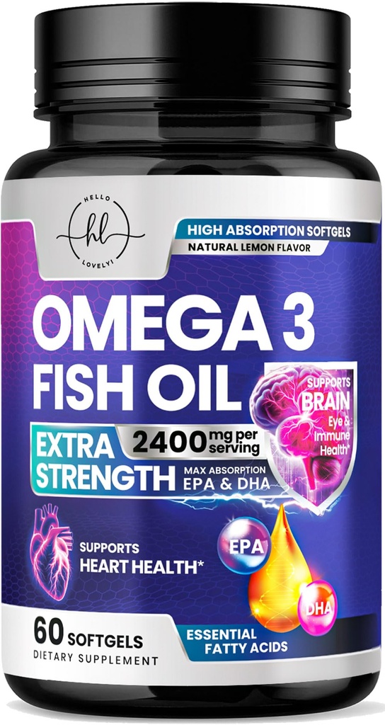 Omega 3 kalaõli täiendused 2400mg - kolmekordne tugevus Omega 3 rasvhapped, looduslik südame tervise aju ja ühine tugi - rasvhapped EPA & DHA - Wild Caught Fish Oil Supplement - 60 Softgels