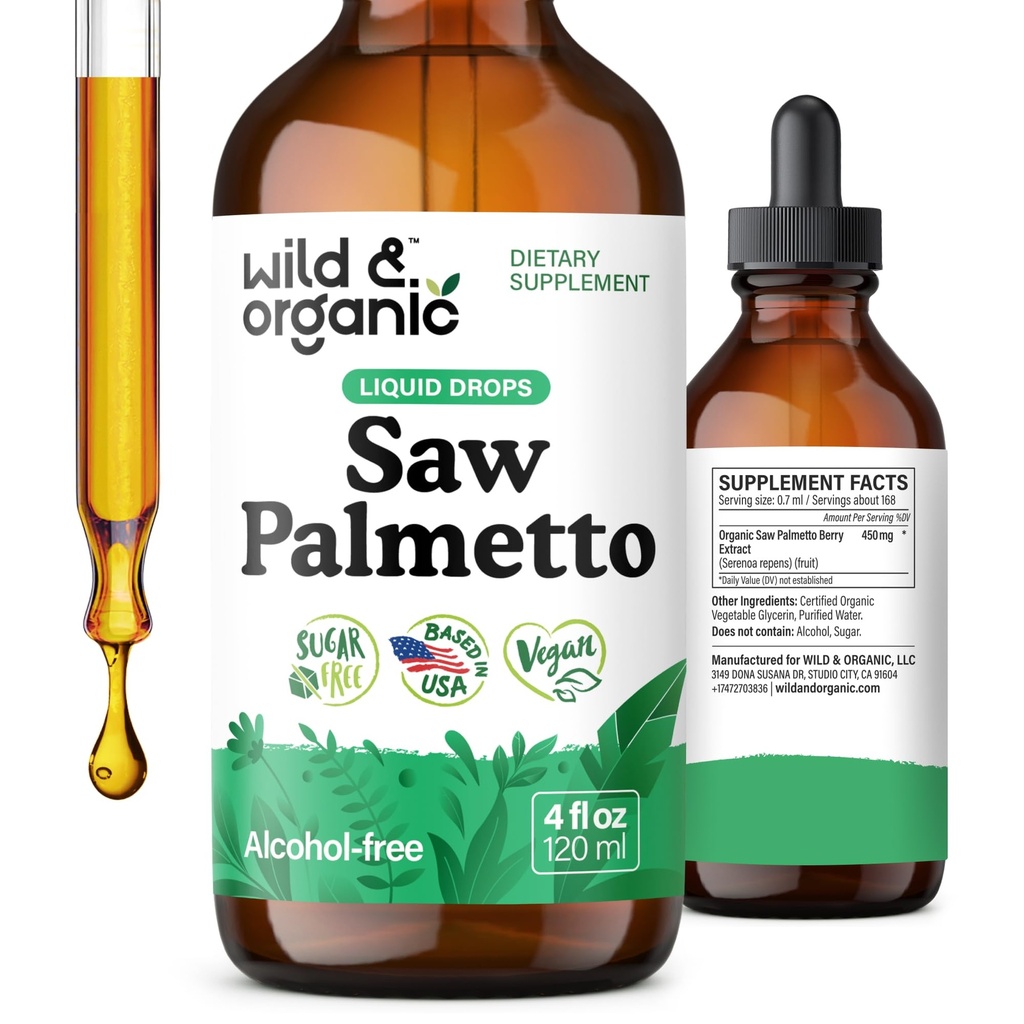 Wild & Organic Saw Palmetto tinktuur - Saw Palmetto ekstrakti täiendus meestele ja naistele - Vedel pulbripõhised tilgad - Serenoa Repens Marjad - Vegan, suhkur ja alkoholivaba - 4 fl oz
