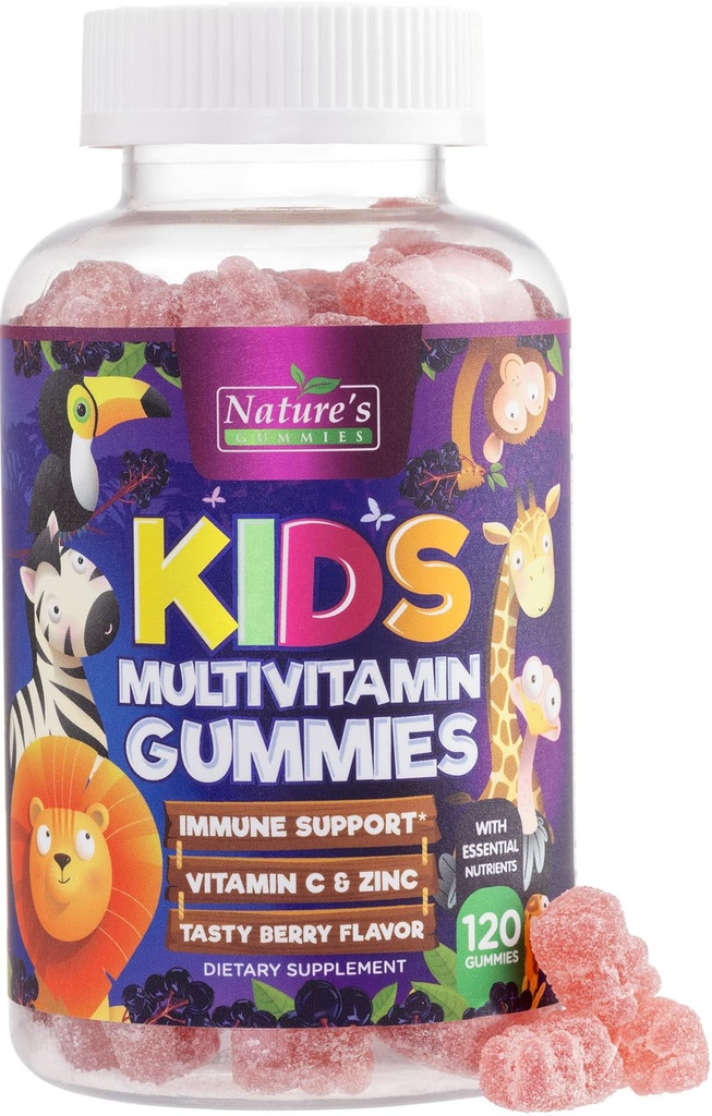 Multivitamiin lastele - täielik igapäevane laste multivitamiini nätsu närimine D-vitamiini, B-vitamiinide, tsingi ja muuga - energia, mälu fookus ja immuunsuse tervisetoetus - looduslik marjamaitse - 120 kummikut