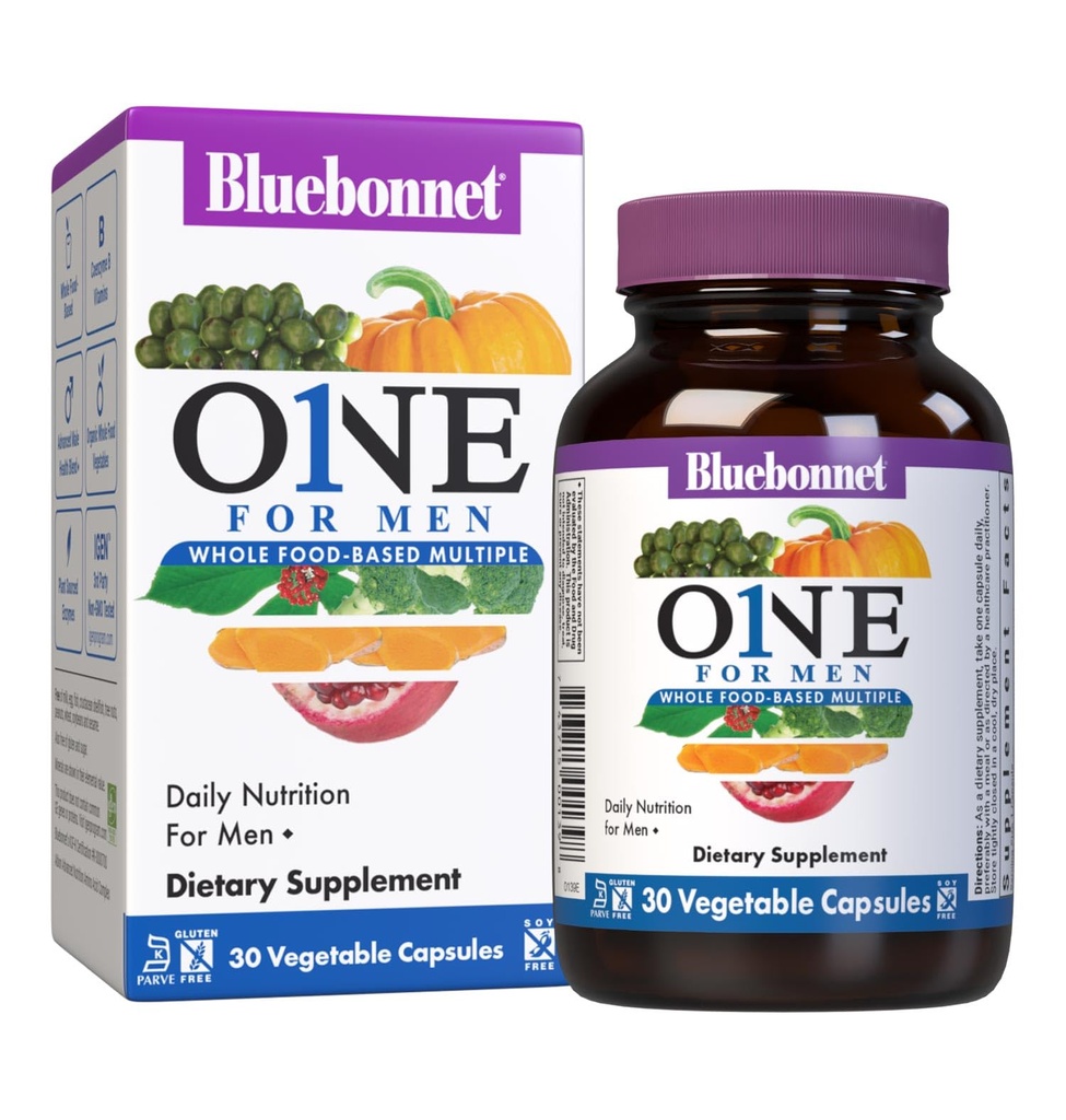 Bluebonnet Nutrition One for Men Whole Food-Based Multiple, Daily Nutrition *, Non-GMO, Taimetoitlane Sõbralik, Kosher, Gluteenivaba, Soja-Vaba, Piimavaba, Rauavaba, 30 Taimset Kapslit, 30 Servingut