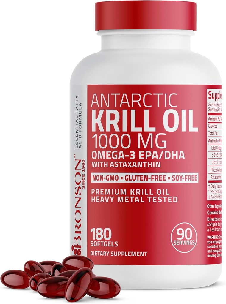 Bronsoni Antarktika krillõli 1000 mg koos Omega-3s EPA, DHA, astaksantiin ja fosfolipiidid 180 Softgels