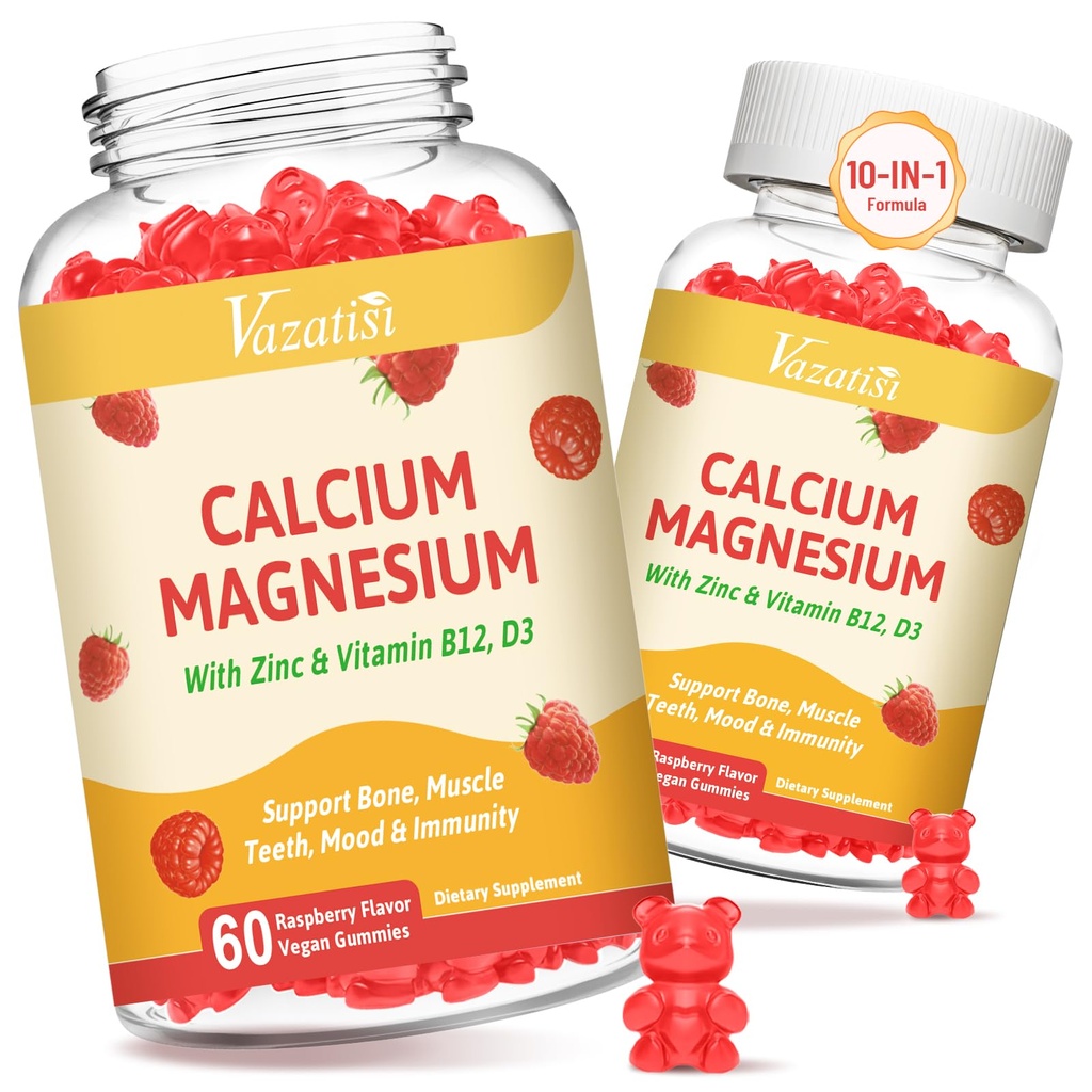 2 Pakendi kaltsiumkummid magneesiumi, tsingi, D3-vitamiini ja B12-ga, kaltsiumlisandid naistele meestele, tugiluu, lihased ja immuunsus, 120 Vegan Vaarika Maitseainekummid