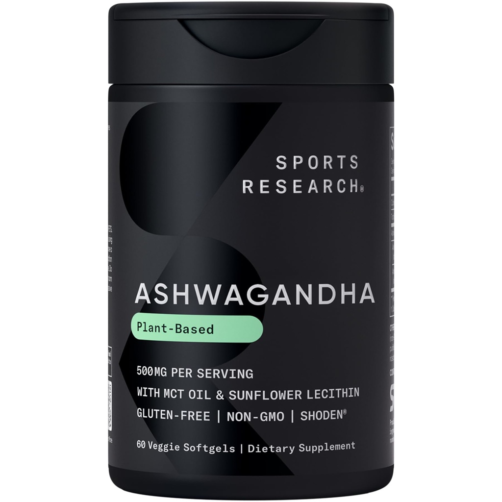 Sport Research® Ashwagandha Softgels Coconut MCT Oil - Natural Adaptogen Valmistatud Shoden® Ashwa lõõgastamiseks, Calm & Sleep Support - Gluten Free & Vegan Friendly - 60 Count