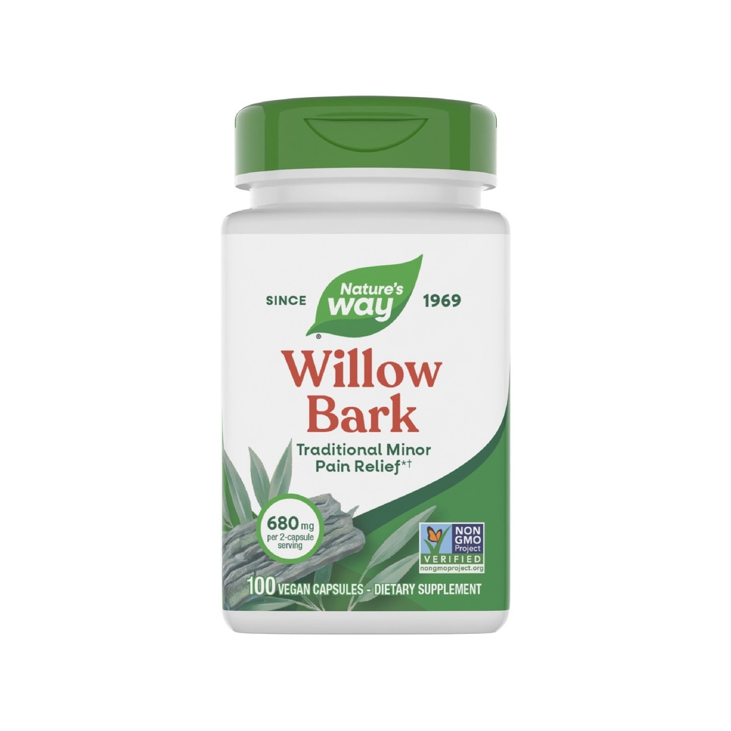 Nature's Way Willow Bark, traditsiooniline ebamugavuse leevendamine juhusliku ülekoormuse tõttu *, mitte-GMO projekt kontrollitud, 680 mg ühe serveerimise kohta, 100 vegankapslit