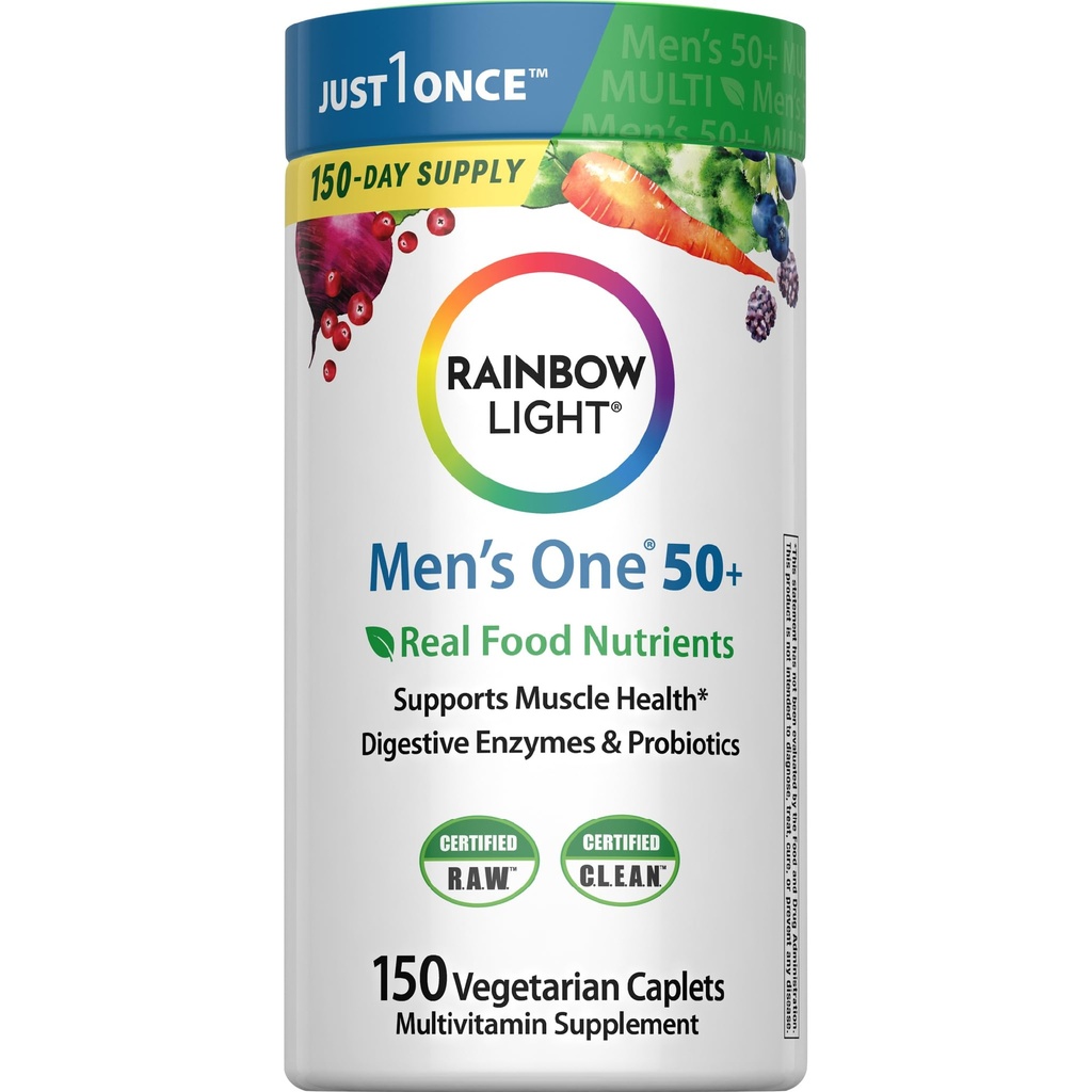 Vikerkaare valguse multivitamiin meestele 50+, C-vitamiin, D & tsink, probiootikumid, meeste üks 50+ multivitamiin pakub kõrge tugevusega immuunsust, mitte-GMO, taimetoitlane, 150 tabletti