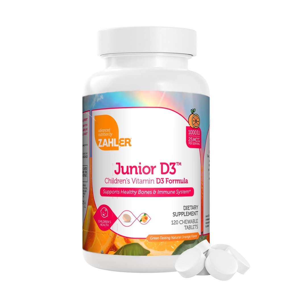 Zahler Junior D3 Vitamiinid 1000 RÜ - lastele - D-vitamiin lastele luude, hammaste ja immuunsuse toetamiseks - Kosher Orange Flavor - 120 Count.