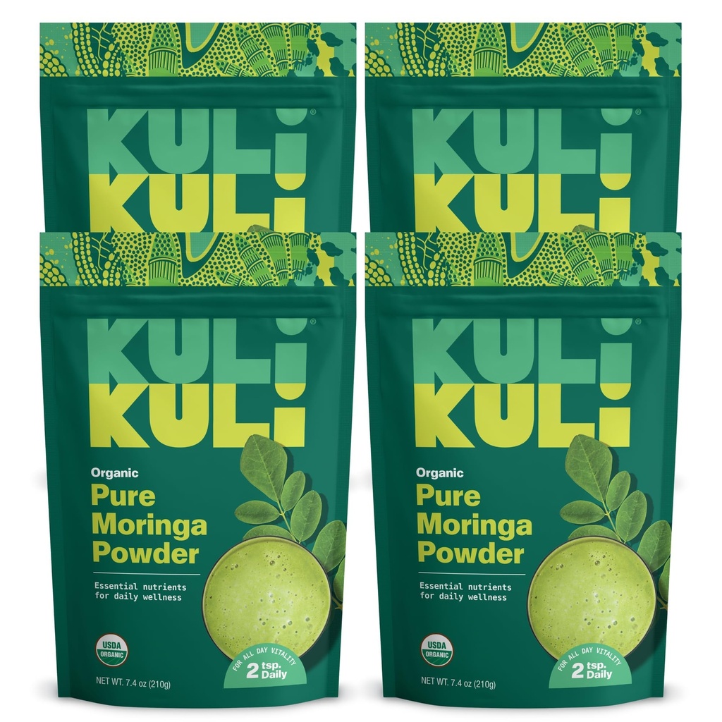 Kuli Kuli Moringa Oleifera Organic Leaf Powder & Green Smoothie, 100% Pure USDA Certified & Non-GMO Moringa Pulber, Great koos smuutide, tee ja toiduga, 4 Pack