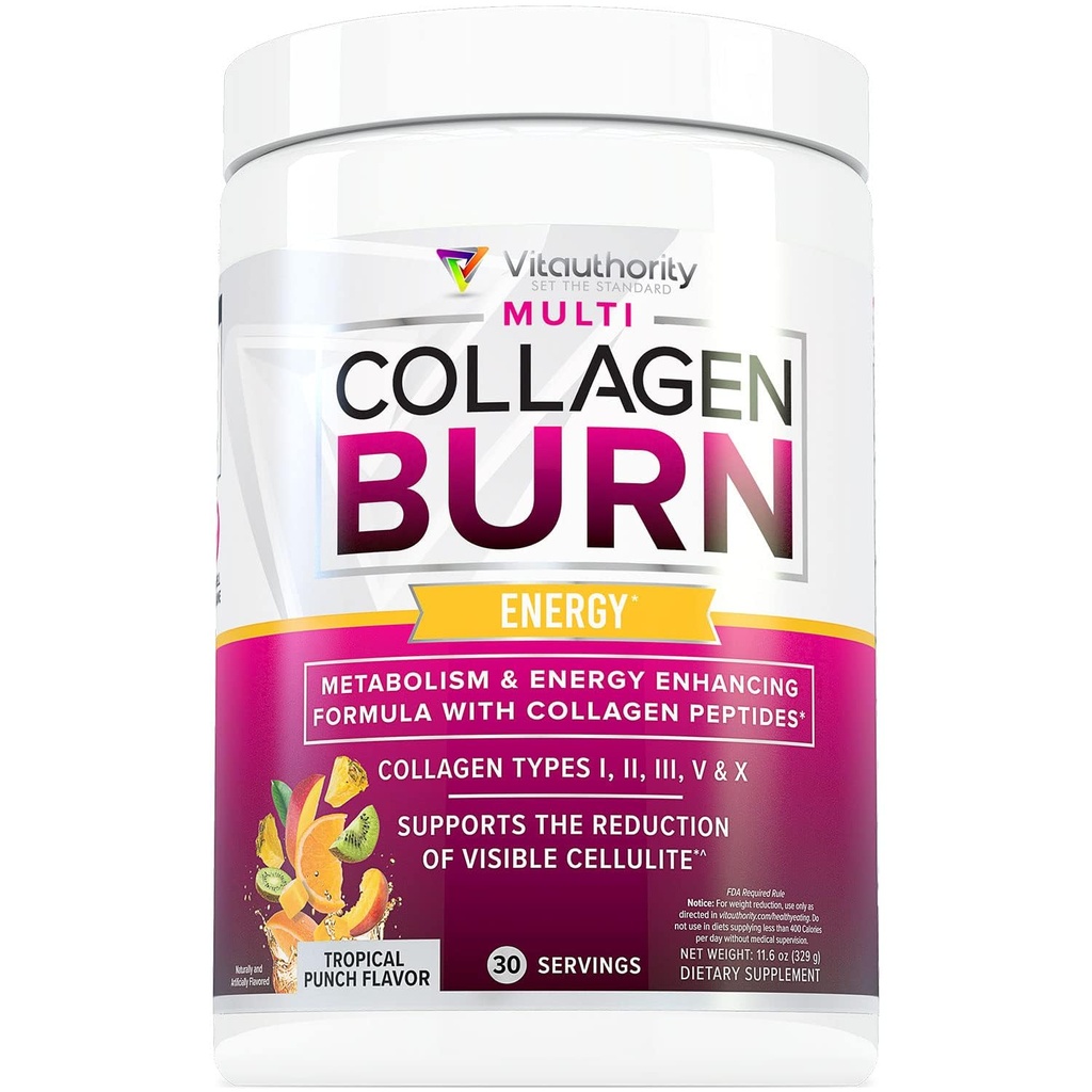 MultiCollagen Burn: MultiType Hüdrolüüsitud Valk Peptiidid hüaluroonhappega, C-vitamiin, SOD B Dimpless, tüüp I, II, III, V ja X, koos Caffeine 30 Servings Tropical Punch Maitsestatud