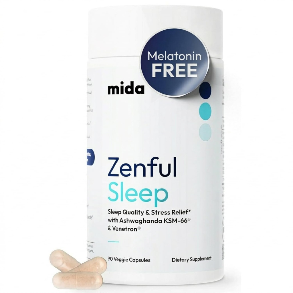 Mida Health® Zenful Sleep 6-in-1 Natural Sleep Aid for Adults Without Melatonin | Deep Sleep Supplement with Ashwagandha KSM-66® and Venetron® | Toetab kortisooli tasakaalu | 90 kapslit