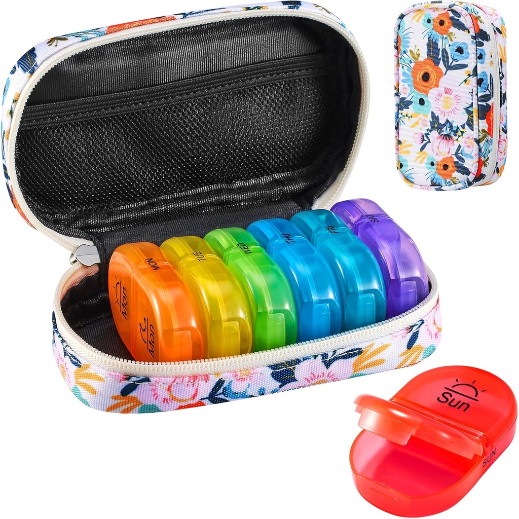 Serfeymi Weekly Travel Pill Korraldaja 2 korda päevas PM Täiustatud Vikerkaar Pill Box 7 päeva kaasaskantav Zipper Canvas Pill Case, meditsiin Korraldaja pillid, vitamiinid, kalaõlid - Bloom 01