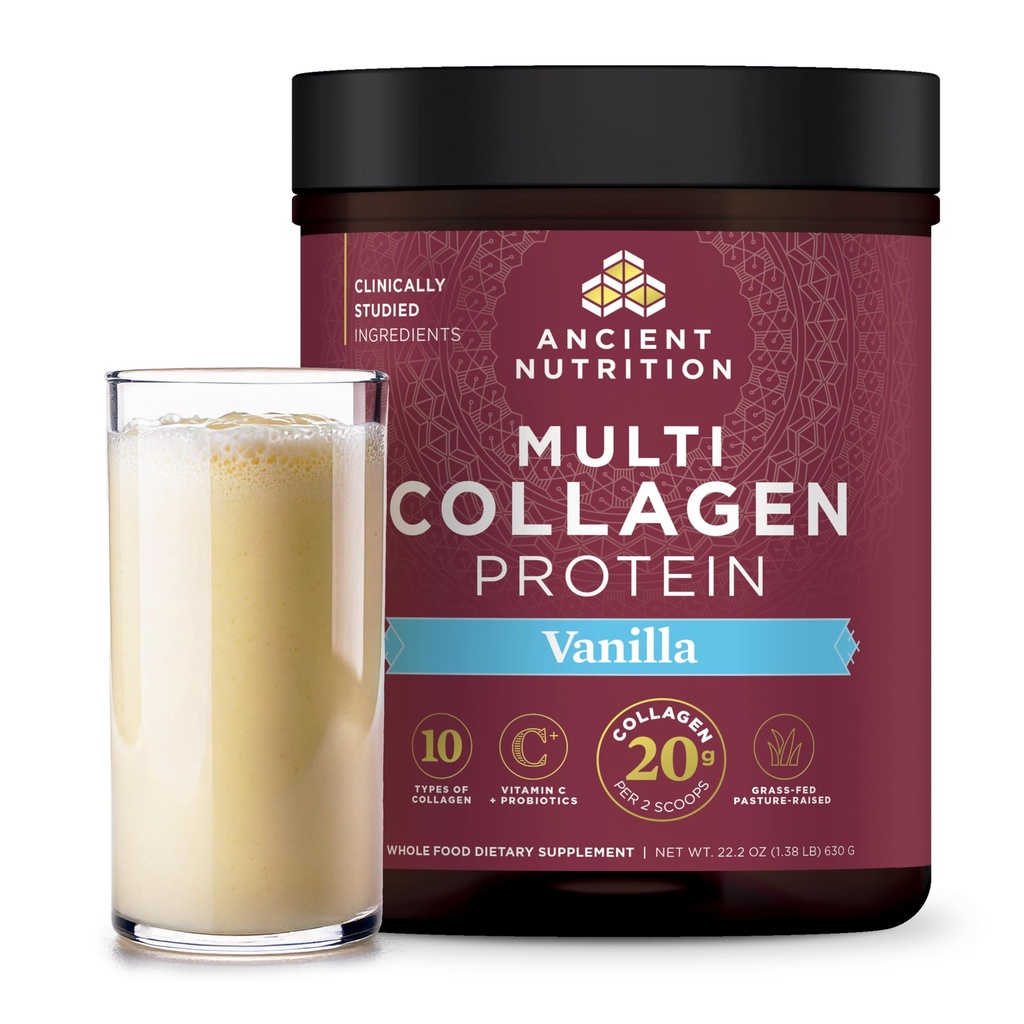 Ancient Nutrition Kollageen Peptiidid Pulber, Multi kollageeni valk, naised ja mehed, C-vitamiin, probiootikumid, hüdrolüüsitud kollageen, toetab nahka, liigeseid, soolestiku tervist, Vanilla, 60 Servings