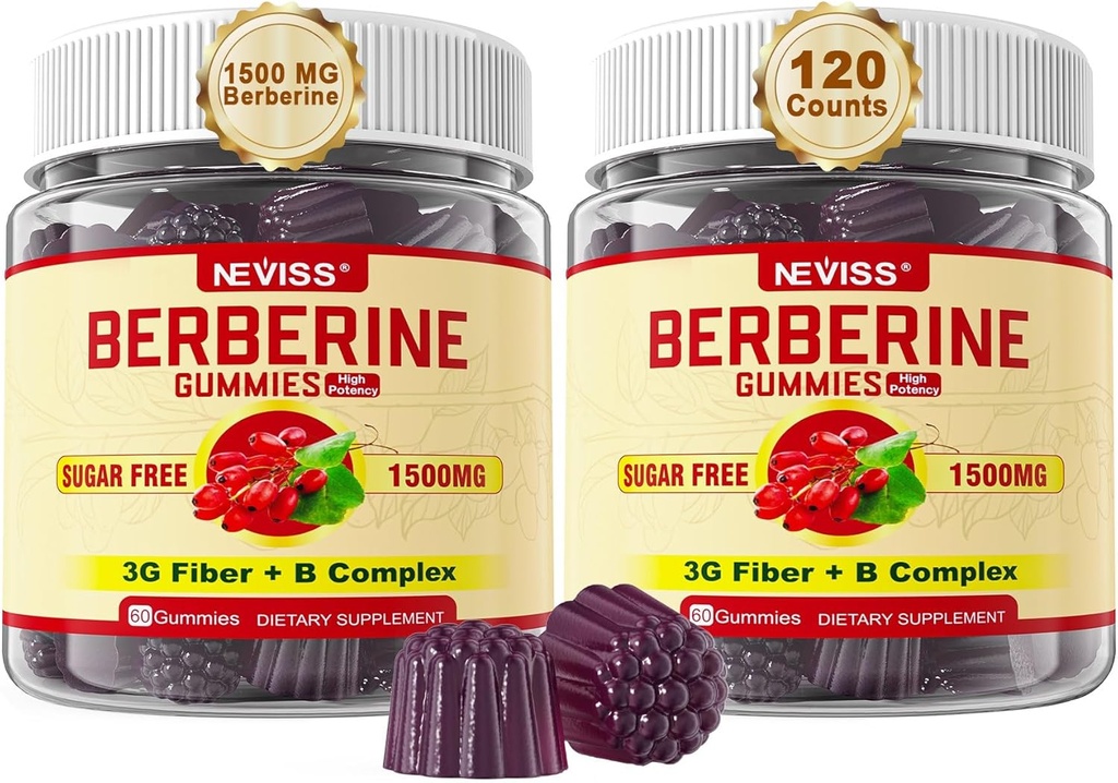 NEVISS Berberine Supplement 1500mg, AMPK Activator 3G Prebiootiline kiud, B1 B3 B6, Sugar Free Berberine HCL Gummies naistele ja meestele - toetab immuunsüsteemi, seedetrakti, 2pack 120 Cts