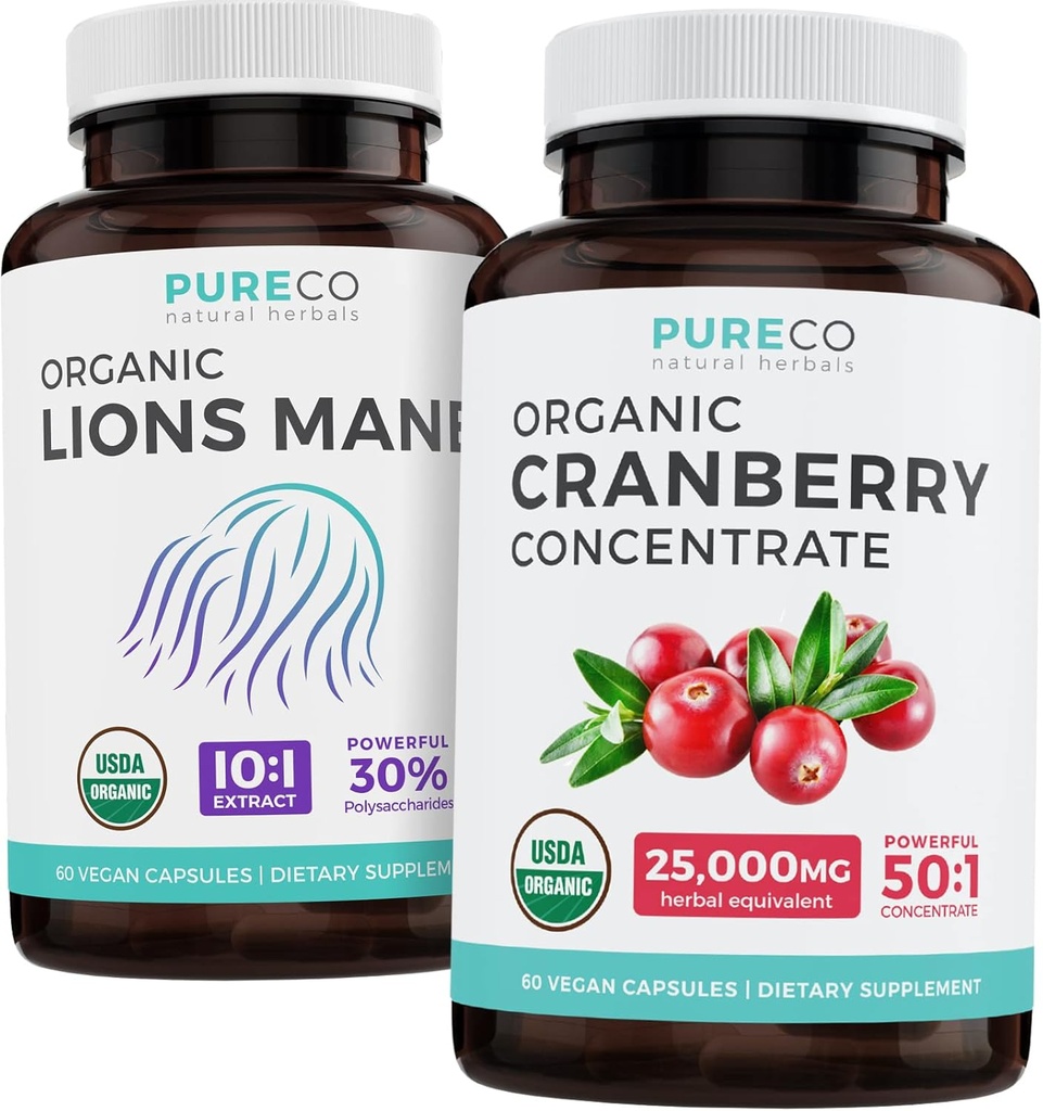 Säästa $ 4 (12% maha) - Mind & Body Bundle - Orgaaniline Jõhvika kontsentraat (50: 1 kontsentraat - võrdub 25 000 mg värskeid Jõhvikaid) ja Orgaaniline Lions Mane (10: 1 ekstrakt - võrdub 10 000 mg seeni)