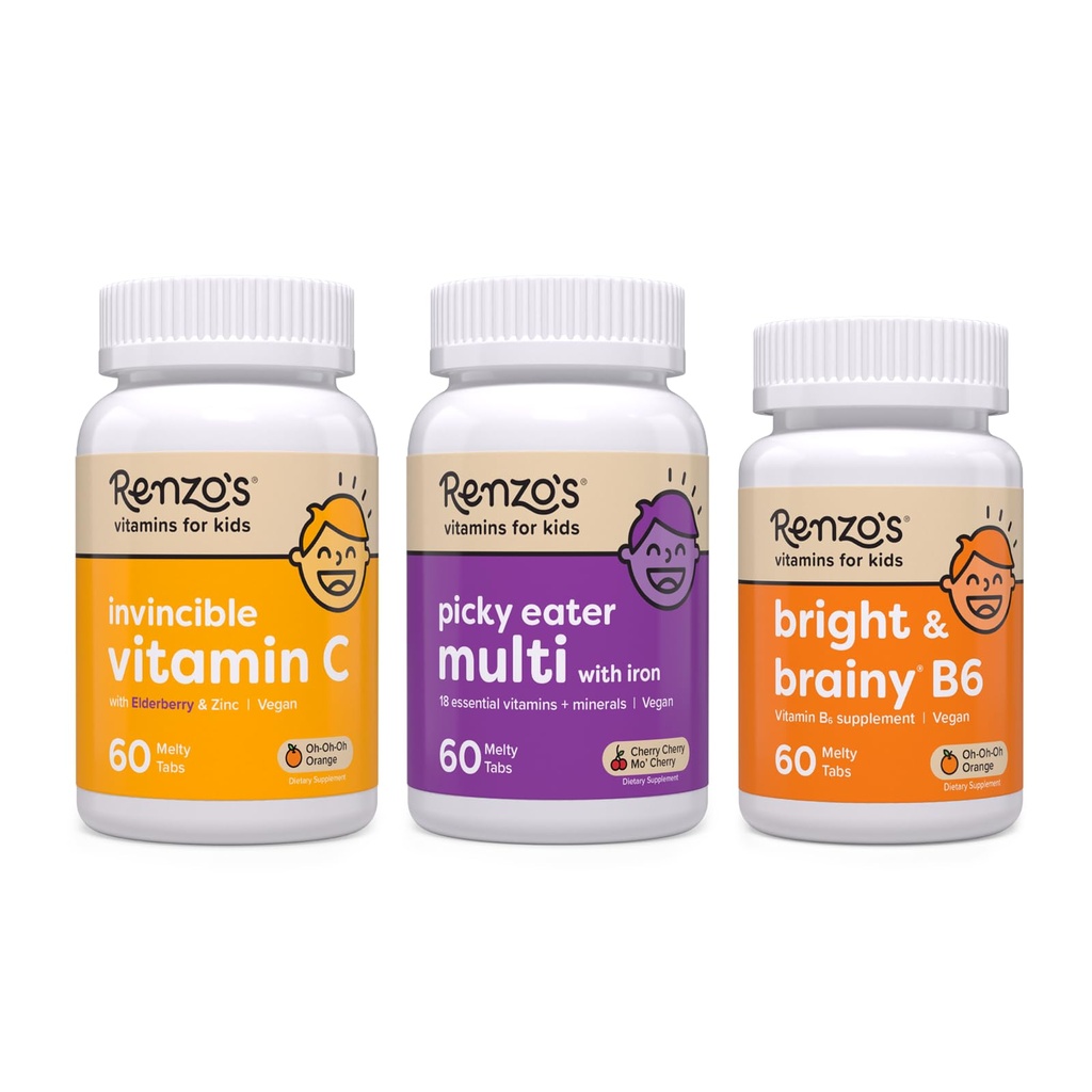 Renzo vitamiinid tagasi kooli Bundle, Bright & Brainy Vitamiin B6, Picky Eater Kids Multivitamiin ja Kids C-vitamiin Elderberry & Tsink immuunsüsteemi toetamiseks