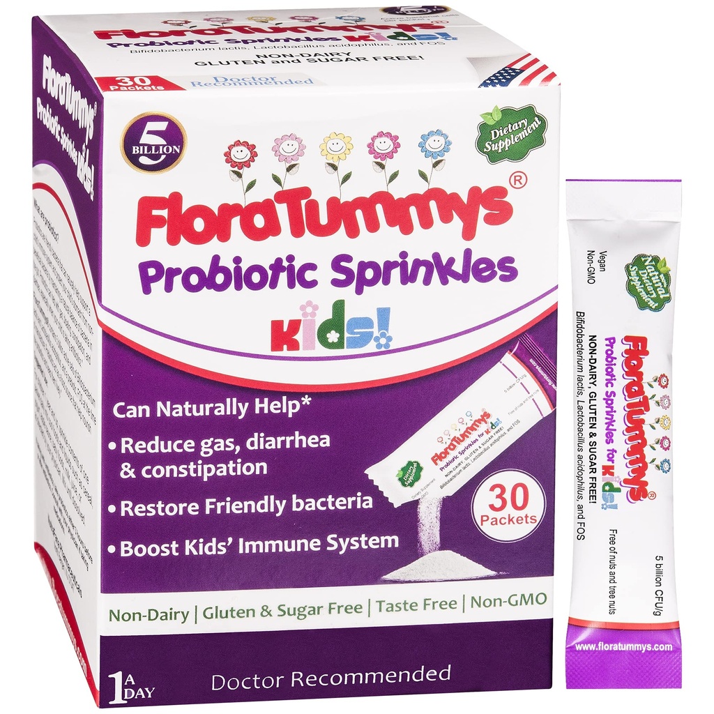 FloraTummys Probiootikumid lastele: 30 maitsevaba pulbri pakendit, toiduallergeenide vaba, mitte-piimane, gluteenivaba, suhkruvaba, mitte-GMO, vegan