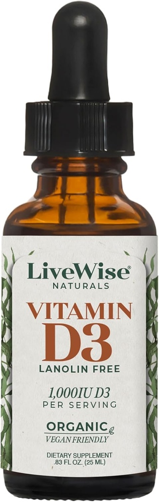 LiveWise Naturals Orgaaniline Vitamiin D3 Vedel tilgad, Vegan, Non-GMO, Taimepõhine, 200 RÜ tilga kohta, toetab immuunsüsteemi, luu ja meeleolu tervist, kergesti imenduv, MCT õli 1000 RÜ