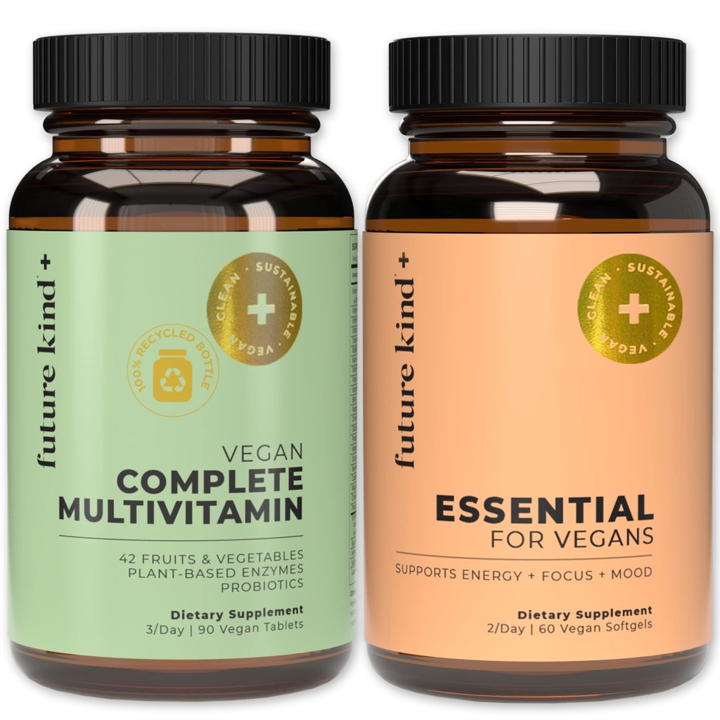 Future Kind Multivitamiin Bundle - Vegan Täielik Multivitamiinid ja Vegan Essential Multivitamiinid - Vegan Vitamiin B12, Omega 3 ja Vitamiin D3 - Täielik Multivitamiin, 42 Vitamiinid 1 meestele ja naistele