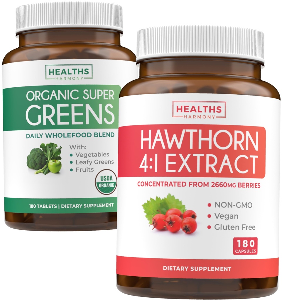 Super Greens & Hawthorn Extract (3-kuuline pakkumine) Super Berry Blend Bundle of Organic Super Greends Pulber - Complete Superfood & Hawthorn Berry 4: 1 Extract - High Strength Extract (180 kapslit)