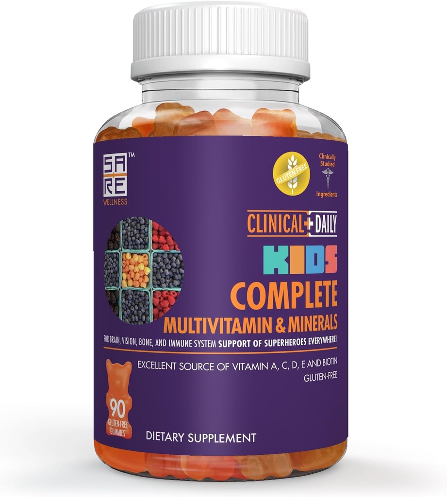 Kliiniline Daily Complete Kids Multivitamiin Daily Gummy Supplement aju, nägemise, luu ja immuunsüsteemi tervise jaoks. Vitamiinid A, C, E, D, B6, B12, folaat, biotiin, olulised mineraalid. 90 Gluteenivabad kummikummid