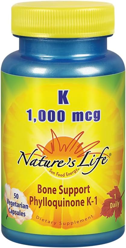Looduse eluvitamiin K 1000mcg | Phyllokinone K-1 täiendus, tervislikud luud ja südame-veresoonkonna tugi | 50CT