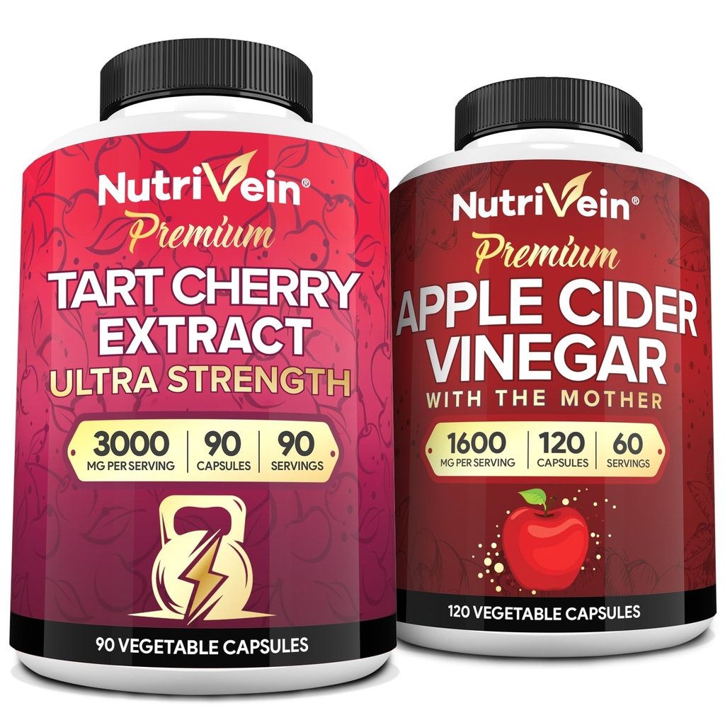 Nutrivein Premium Tart Cherry 500mg & Apple Siider Äädikas 1600mg Bundle - Lihaste taastamine & Uric Acid Cleanse Plus Seedimise toetamine & Kaalujuhtimine - Mitte-GMO, Vegan / Taimetoitlane - 90 + 120 pillid